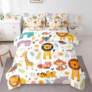 Imagem de Erosebridal Conjunto de cama solteiro com estampa de leão, 7 peças, animais de desenho animado, tigre pássaros, elefante e panda vermelho, zebra, macaco, girassol, para crianças, meninos e meninas