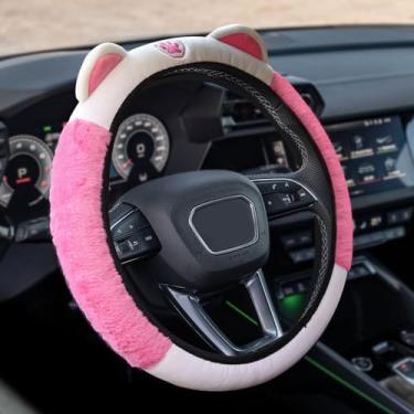 Imagem de HQRNYP Capa de volante de carro, protetor de volante, 38 cm, macio e macio, protetor automotivo antiderrapante elástico adorável com orelhas de gatinho adequado para a maioria dos veículos (branco +