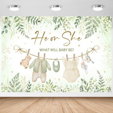 Imagem de Avezano Banner de fundo verde revelador de gênero aquarela roupas para meninos ou meninas Ele ou ela What Will Baby Be Gender Revelar Decorações Folhas Verdes Ouro Pontos Neutros Faixa de Chá de Bebê