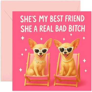 Imagem de Cartão de aniversário engraçado para Best Friend Bestie BFF, She a Real Bad Btch Dog Card, Cheeky Rude Joke - quadrado, em branco por dentro com envelope premium