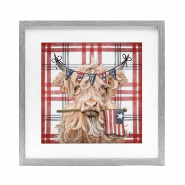 Imagem de Stupell Industries Impressão emoldurada cinza Highland Cattle dos EUA xadrez sob vidro, design por Ashley Bradley, 13 x 13