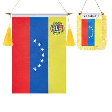 Imagem de Pacote com 2 bandeiras de parede da Venezuela, mini bandeira venezuelana pendurada na janela do carro, acabamento acetinado, tecido resistente, bandeiras patrióticas para decoração de espelho