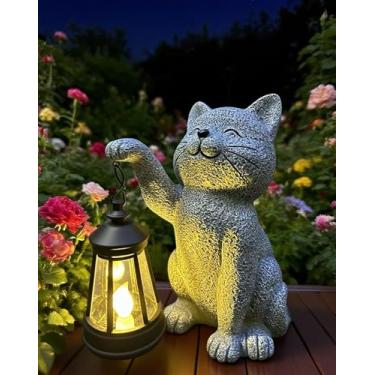 Imagem de YODY Estátuas de jardim decoração de jardim ao ar livre: estátua de gato com lanterna solar para jardim arte ornamentos de gramado varanda pátio varanda casa casa casa - presentes de aniversário para