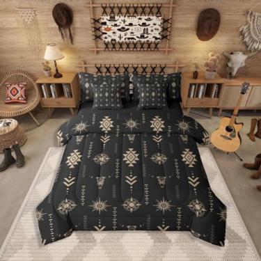 Imagem de Jogo de cama Queen rústico de caveira de touro, 7 peças, cama asteca étnica ocidental em uma bolsa, conjunto de cama de diamante geométrico, inclui edredom, conjunto de lençol, fronhas e fronhas