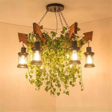 Imagem de Lustre Americano Pastoral LED Industrial Retrô Criativo para Restaurante, Bar, Cafeteria, Loja de Chá com Leite, Loja de Roupas, Decoração com Plantas Verdes - Luminária Pendente (QA 6 Lâmpa