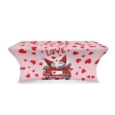 Imagem de Uorisanigo Toalha de mesa para o dia dos namorados, tecido elástico, para mesas dobráveis retangulares de 1,8 m, lindas toalhas de mesa com coração de gnomo, capa para decoração do Dia dos Namorados