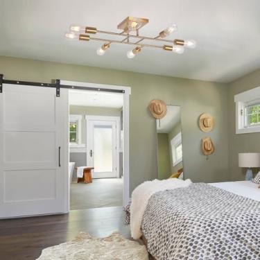 Imagem de TULUCE Luminária de teto moderna de meados do século Luminária de montagem semi-embutida industrial Teto latão escovado 8 luminárias de cozinha para sala de jantar, quarto, sala de estar, hall de entrada, lustre