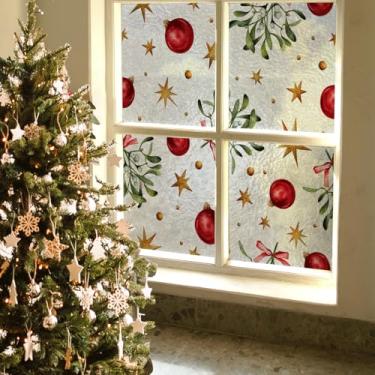 Imagem de Alwayspon Película de janela de vidro com elemento de Natal manchado não adesivo, adesivo de privacidade de vinil removível, película de vidro com controle de calor UV, estrelas douradas vermelhas de