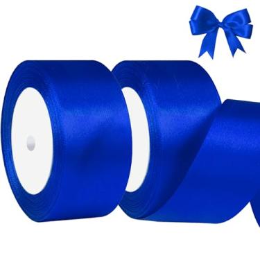 Imagem de Fita de cetim azul de 3,5 cm x 2 rolos de fita de tecido de cetim azul larga para embalagem de presente, Natal, casamento, buquê de flores, festa de feriado, convite, total de 50 metros