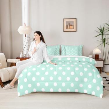 Imagem de Conjunto de cama queen com bolinhas, círculos geométricos modernos, arte abstrata, simples, estilo francês, bolinhas verdes e brancas, 7 peças (edredom + lençol de cima + fronha + fronha)