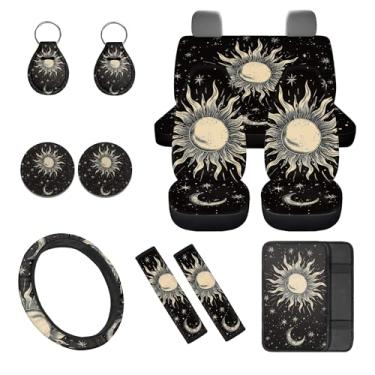 Imagem de gearider Conjunto completo de capas de assento de carro sol e lua 12 peças de capas de banco dianteiro e traseiro com capa de volante, almofada de apoio de braço, almofadas de cinto de segurança