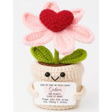 Imagem de Frabaca Para Irmãs Crochê Coração Flor Planta – Lindas Plantas Falsas Artesanais Decoração de Mesa Interior – Presente Exclusivo de Aniversário de Longa Distância para Irmã Bestie