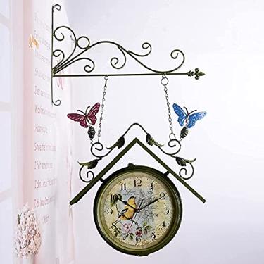 Imagem de Relógio de parede borboleta dupla face para jardim ao ar livre, relógio de estação silencioso de metal retrô, operado por bateria, decorativo, antigo, para uso interno, externo e jardim, verde
