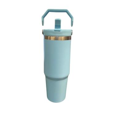 Imagem de Garrafa Térmica com Alça Superior, Aço Inoxidável, 900ml, Parede Dupla Isolante, Design Moderno, Canudo Flip, Ideal para Bebidas Geladas, Alça Ergonômica, Acabamento Fosco (Azul Bebe)