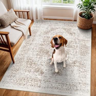 Imagem de Tapete lavável de 7,5 x 12,5 cm para entrada - tapetes antiderrapantes de pelo baixo vintage macio e fino pequeno tapete resistente a manchas para quarto, entrada, banheiro, decoração de chão (creme