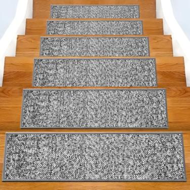 Imagem de Tapete antiderrapante para escadas, 7 peças, 20,3 cm x 76,2 cm para degraus de madeira internos, suporte adesivo reutilizável lavável, tapetes de segurança adequados para animais de estimação para