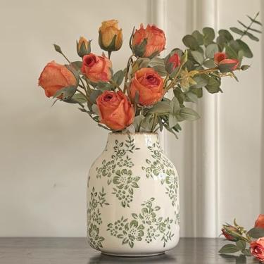 Imagem de Vaso de cerâmica vintage, vaso decorativo floral verde chinoiserie, vaso rústico retrô com acabamento rachado para decoração de casa, sala de estar, centros de mesa, cozinha, escritório, verde-01, 20