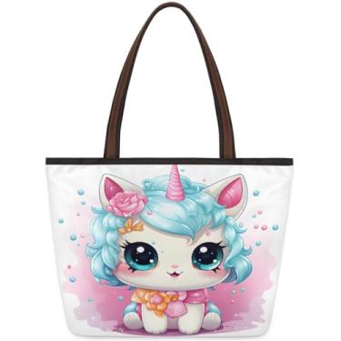 Imagem de Sacola grande para mulheres, unicórnio, fofa, azul, rosa, bolsa de trabalho com zíper, reutilizável, bolsas de mão de mercearia, casual, para viagem, trabalho, férias, praia, compras, presentes