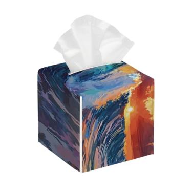 Imagem de Porta-lenços de couro quadrado à prova d'água ondas sol realista organizador de papel facial com cinto inferior cubo estojo de lenços para mesa, banheiro, escritório, mesa, carro, decorativo