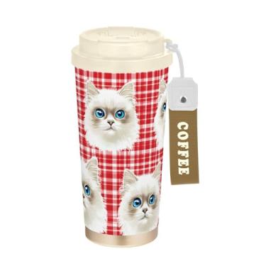 Imagem de SEHANY Caneca de viagem de gato gatinho fofo de 482 g xícaras de café reutilizáveis revestidas de cerâmica com tampa à prova de vazamento, parede dupla, isolamento a vácuo, copo de café de aço