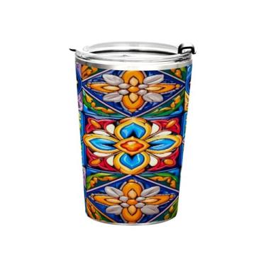 Imagem de Blueangle Copo de 340 g com tampa e canudo, copo de café com água isolada a vácuo de aço inoxidável, caneca térmica de cerâmica mexicana para bebidas quentes e frias (147)