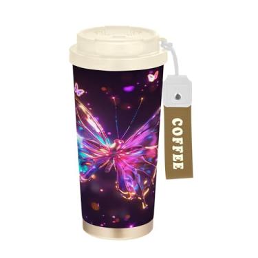 Imagem de SEHANY Caneca de viagem Neon Butterfly 482 g Copos de café reutilizáveis revestidos de cerâmica com tampa à prova de vazamento, parede dupla, isolamento a vácuo, copo de café de aço inoxidável para