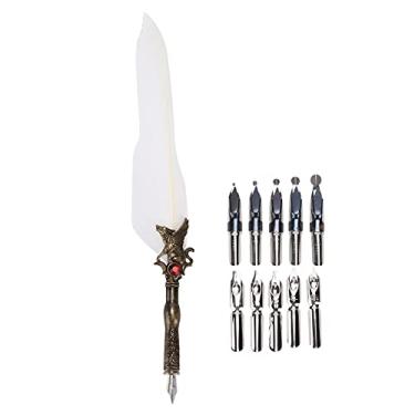 Imagem de Caneta de pena artesanal retrô esculpida em aço inoxidável lápis de imersão elegante ferramenta de escrita de assinatura para caligrafia de casamento decoração de mesa conjunto de (Branca)