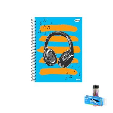 Imagem de Kit Caderno Masculino 10 Matérias Capa Dura 200 Folhas KBOM + Caneta Esferográfica Spiro Glow 0.7mm + Grampeador Alicate S-150