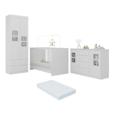 Imagem de Quarto De Bebê Completo Com Berço 3 Em 1 Com Colchão Incluso Brisa Multimóveis MP4545 Branco