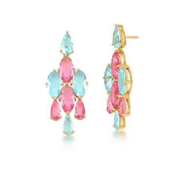 Imagem de Brinco Pêndulo com cristais ovais azul e rosa banhado em ouro