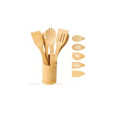 Imagem de Kit 5 Peças Utensílios de Cozinha, Bambu, com Cepo Organizador, Colher, Espátula, Garfo, 275g