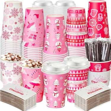 Imagem de Ziliny 100 conjuntos de copos de café de papel de Natal com manga e tampa de palha de chocolate quente copos de cacau suprimentos de festa de Natal para bebidas quentes bebidas frias café loja