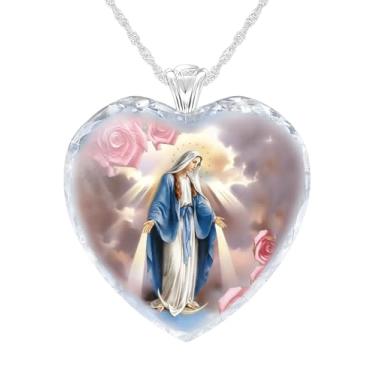Imagem de Colar com pingente de coração com imagem de mãe Maria, corrente de aço inoxidável – presente de Natal, Natal ou aniversário, Adjustable, Aço inoxidável, Zircônia cúbica