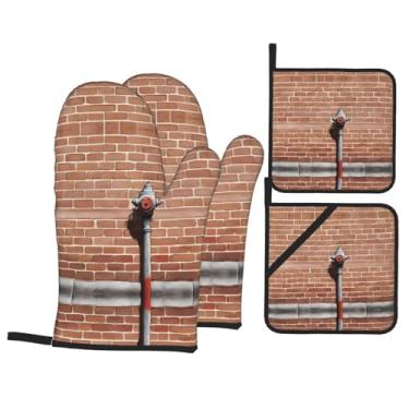 Imagem de Fundo de parede de tijolo industrial - Conjunto de luvas de cozinha estampadas com suportes de tampa, luvas de forno resistentes ao calor para lidar com panelas quentes, grelhar, churrascos, kit de 4