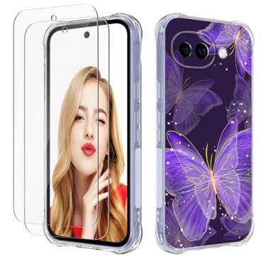 Imagem de FollmeAir Capa para Google Pixel 10A, com 2 peças protetoras de tela, capa macia de borracha de TPU flexível e fina com absorção de choque para Pixel 10A (borboleta roxa, Google Pixel 10A)
