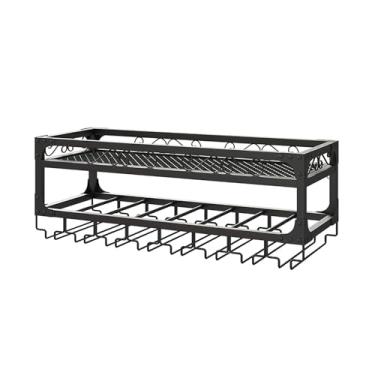 Imagem de GKPSSURV Rack de vinho moderno montado na parede, prateleiras flutuantes de metal, prateleira de exibição de garrafa de licor de bar com suporte de copo de vinho, prateleira de armazenamento