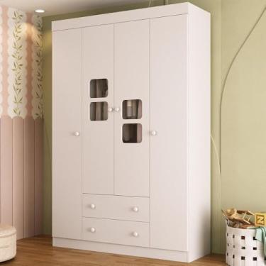 Imagem de Guarda-roupa Infantil 122cm com Vidro 4 Portas e 2 Gavetas Brisa Multimóveis Mp4426 Branco