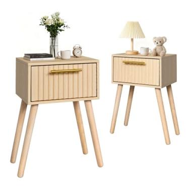 Imagem de Kerry Mesa de cabeceira pequena canelada, mesa de cabeceira para espaços pequenos, mesa de canto moderna com gaveta de armazenamento para sala de estar, quarto, pés de madeira maciça, MDF, madeira