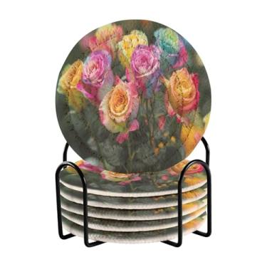 Imagem de Qilmy Conjunto de 6 peças de porta-copos de rosas coloridas bonitas ou porta-copos de bar para bebidas, porta-copos de fazenda ou porta-copos de mesa rústicos, porta-copos modernos de algodão para o
