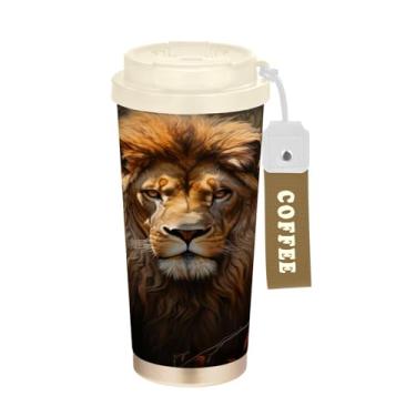 Imagem de YETTASBIN Caneca de café com isolamento térmico Lion de 482 g com tampa canudo, copo à prova de derramamento e vazamento com alça para bebida quente e fria, garrafa de água de aço inoxidável