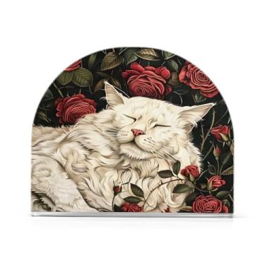 Imagem de CEBUGI Suporte de guardanapo para mesas suporte de guardanapo de acrílico branco gato rosas de papel porta-guardanapos para cozinha decoração de festa de jantar