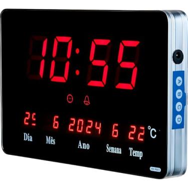 Imagem de Relógio Digital de Parede LED com Alarme, Calendário, Termômetro, Display Vermelho, Preto, 25x16x3cm, Bivolt