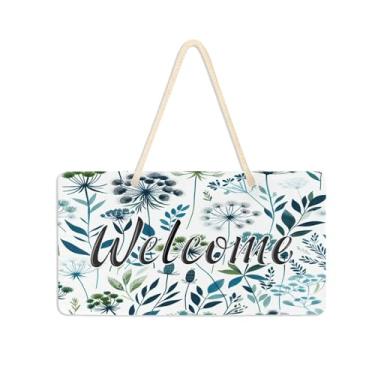 Imagem de Burbuja Placa de boas-vindas Blue Twig para porta da frente, placa de boas-vindas de PVC para decoração de férias, 15 x 28 cm