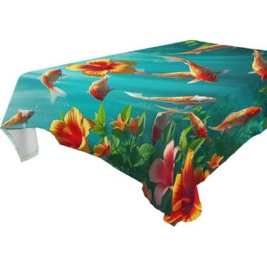 Imagem de Burbuja Toalha de mesa de hibisco para natação de peixes, toalha de mesa retangular, anti-rugas, grossa para decoração de jantar, cozinha, festa, 137 x 183 cm