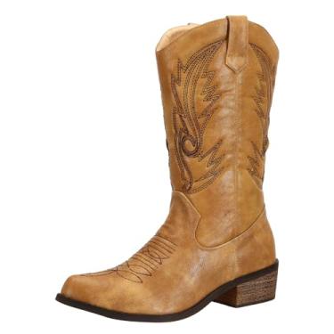 Imagem de SheSole Botas femininas caubói de panturrilha larga bico fino salto baixo moda ocidental country cowgirl botas, Bronzeado, 8.5