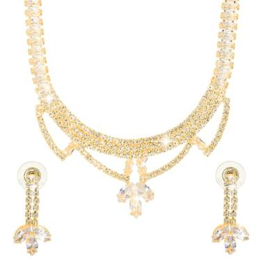 Imagem de Bodha Colar com design de zircônia cúbica ocidental, cristais e AD banhado a prata com brincos de gota/conjunto de joias para mulheres (SJN_274_S_P), 16, Latão, Sem Pedra Preciosa