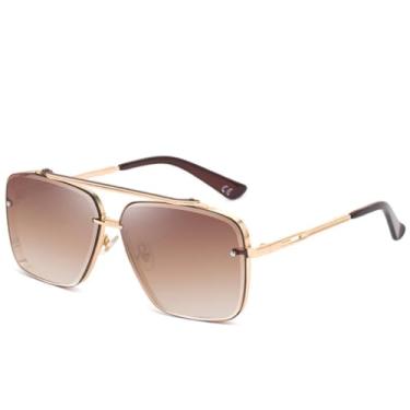 Imagem de HCPIHF Óculos de sol com ponte dupla de metal da moda, masculino e feminino, óculos de direção UV400 (dourado, degradê, chá)