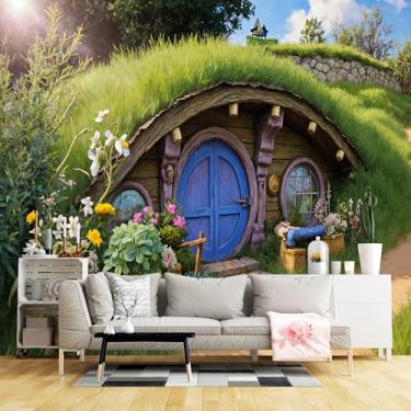 Imagem de Murais de parede de tamanho personalizado, caprichoso estilo hobbit casa gramado telhado de madeira autoadesivo tecido de parede (SEM PVC) papel de parede grande removível para sala de estar, quarto