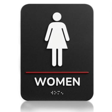 Imagem de Placa de banheiro feminina em conformidade com braille de grau 2 - Sinalização de banheiro de acrílico preto fosco para negócios, escritório e restaurante - decoração de porta de 15 x 20 cm (Linha