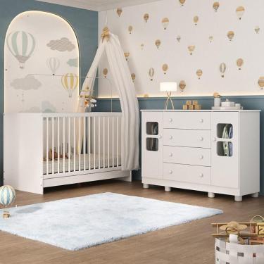 Imagem de Berço 3 Em 1 Para Colchão 130x60cm Com Cômoda 2 Portas 4 Gavetas Sol Multimóveis MP4748 Branco